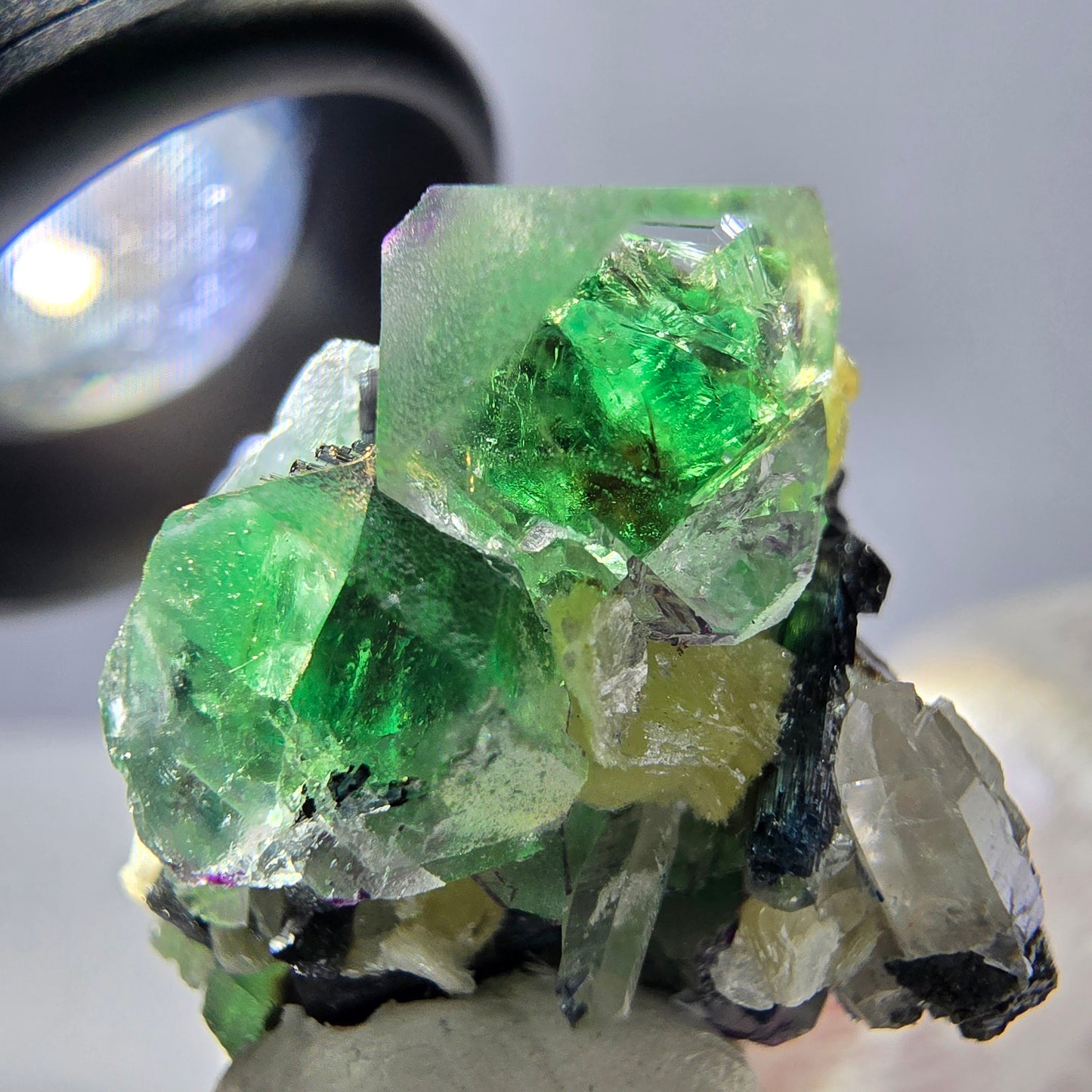 Spécimen de fluorite fantôme, tourmaline Schorl et quartz fumé, Erongo, Namibie, 30 x 22 x 22 mm 