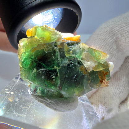 Cube de fluorite fantôme, muscovite et hyalite, spécimen d'Erongo, Namibie, 29 x 22 x 15 mm 