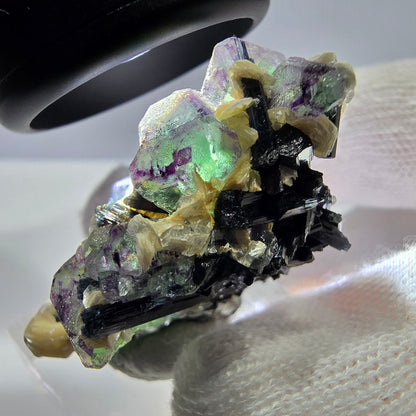 Cube de fluorite fantôme hexagonal, muscovite, tourmaline Schörl Erongo, Namibie 41*28*21mm 