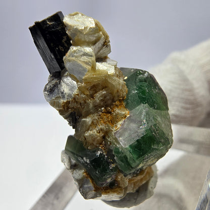 Cube de fluorite fantôme, muscovite et tourmaline Schorl, spécimen d'Erongo, Namibie, 29 x 19 x 17 mm 
