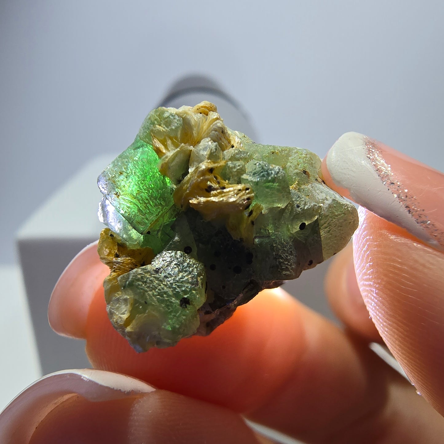 Lot de 16 marches en fluorite fantôme, hyalite, tourmaline Schörl, muscovite, Erongo, Namibie 