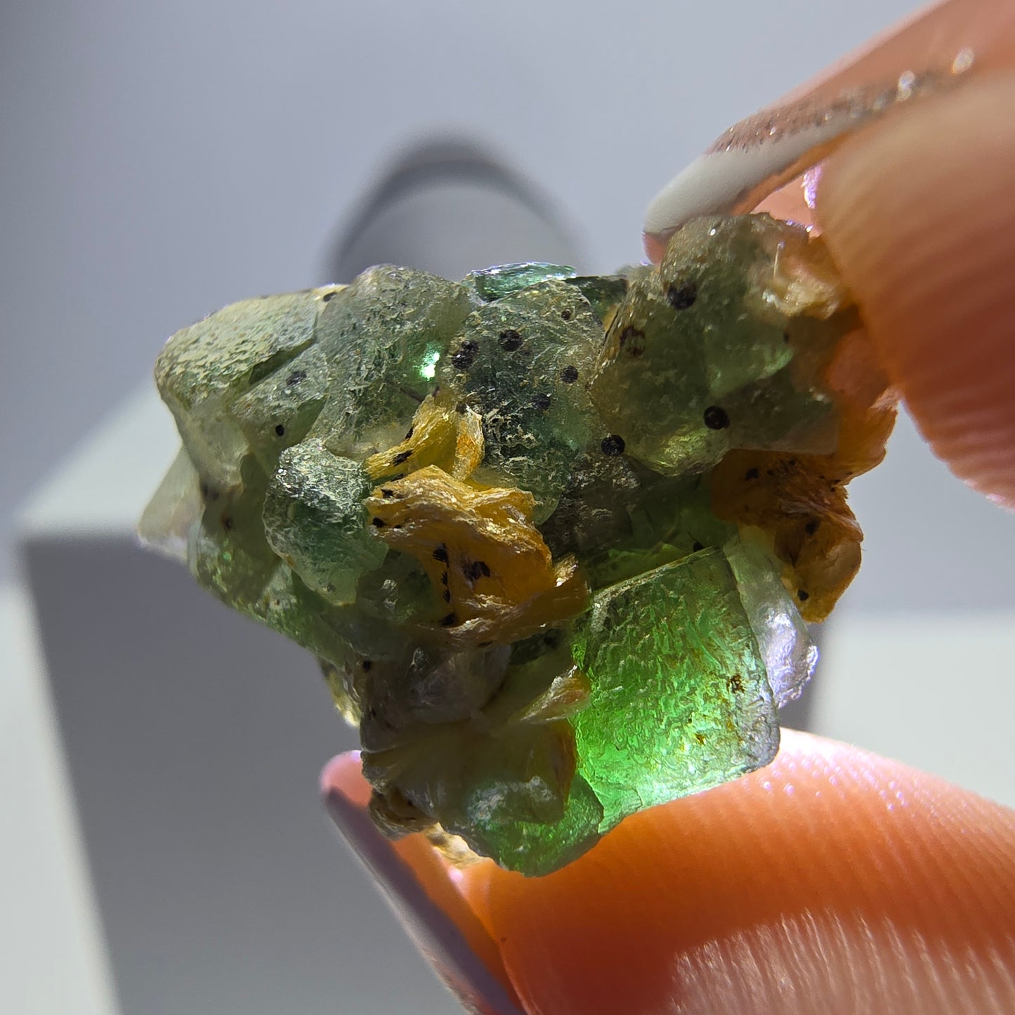 Lot de 16 marches en fluorite fantôme, hyalite, tourmaline Schörl, muscovite, Erongo, Namibie 