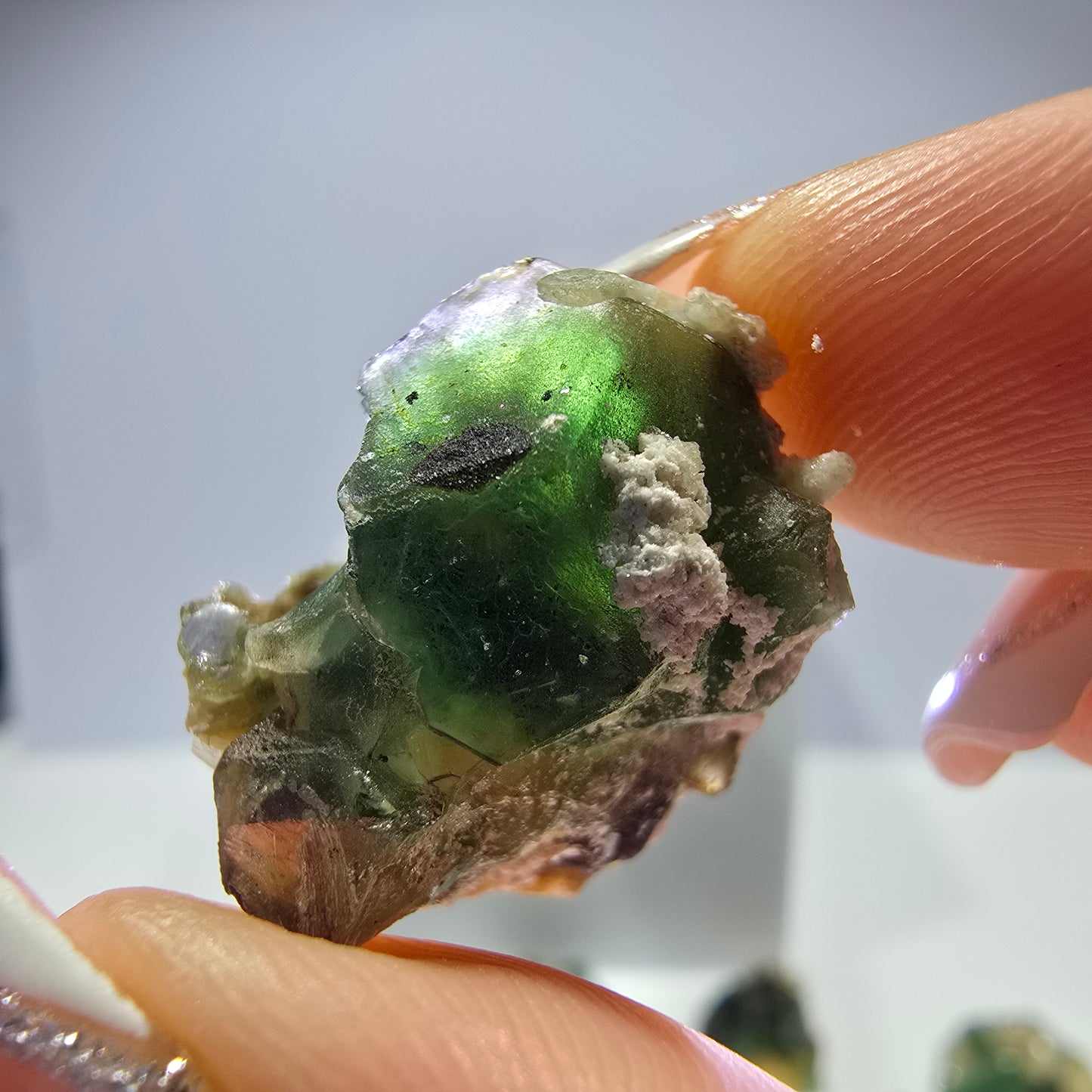 Lot de 16 fluorites fantômes, hyalites, tourmalines Schörl, muscovites, marches d'Erongo, Namibie 