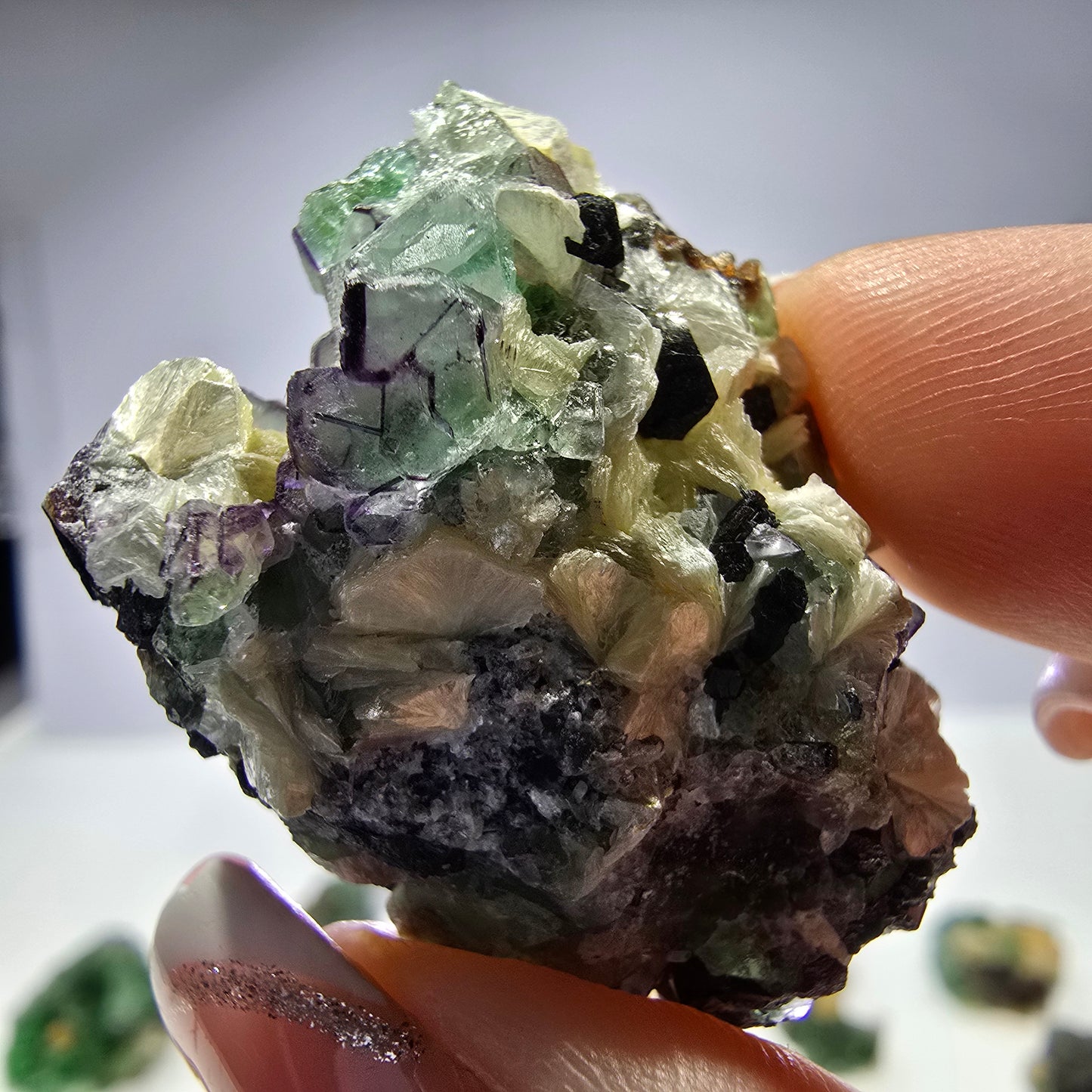 Lot de 16 fluorites fantômes, hyalites, tourmalines Schörl, muscovites, Erongo, Namibie