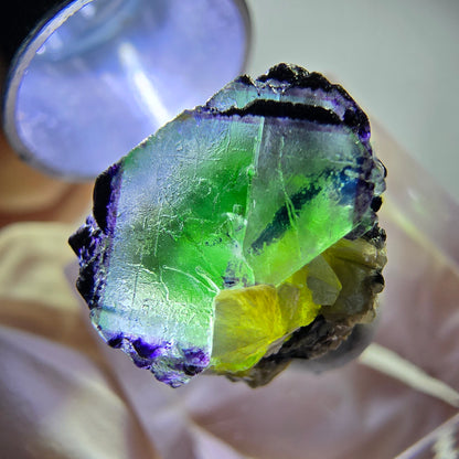 Cube de fluorite fantôme, zonal, muscovite, tourmaline Schorl, Erongo, Namibie, 17 x 14 x 12 mm 