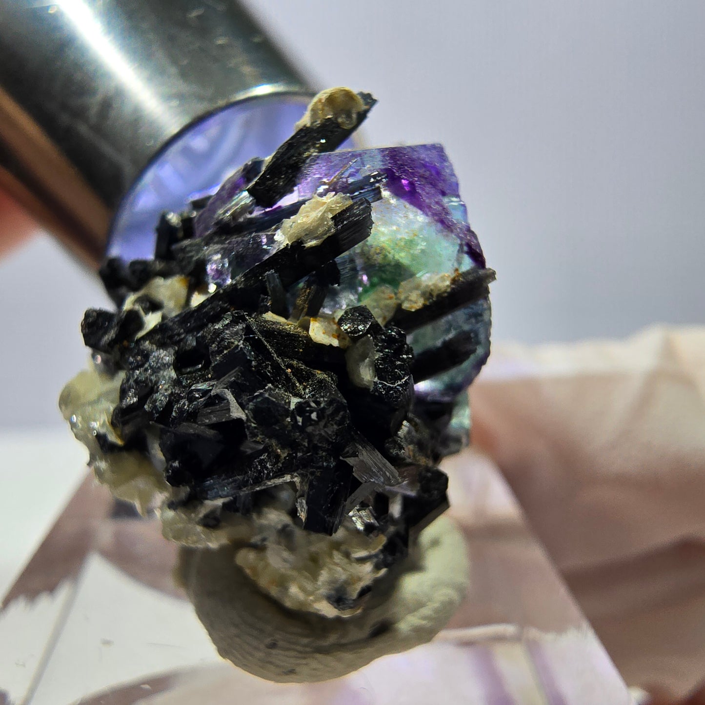 Cube de fluorite fantôme, zonal, muscovite, spécimen de tourmaline Schorl, Erongo, Namibie, 29 x 25 x 19 mm 