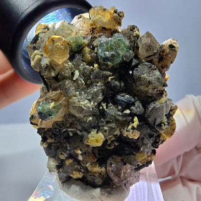 Cube de fluorite fantôme, quartz fumé, tourmaline schol, muscovite, Erongo, Namibie, 44 x 34 x 26 mm 