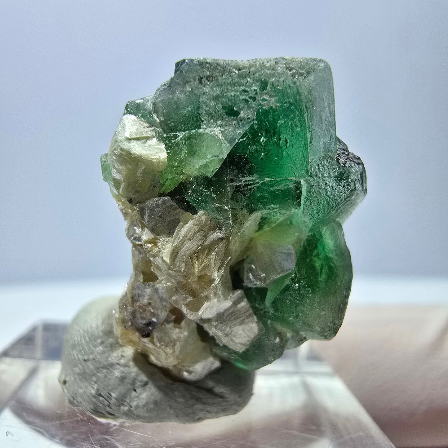 Cube de fluorite fantôme, zonal, muscovite, spécimen d'hyalite, Erongo, Namibie, 22 x 19 x 16 mm 