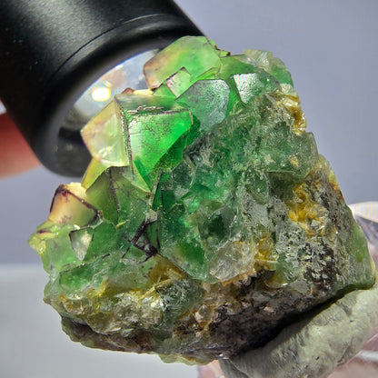 Cube de fluorite fantôme, zonal, muscovite, spécimen de calcite UV, Erongo, Namibie, 31 x 31 x 19 mm 