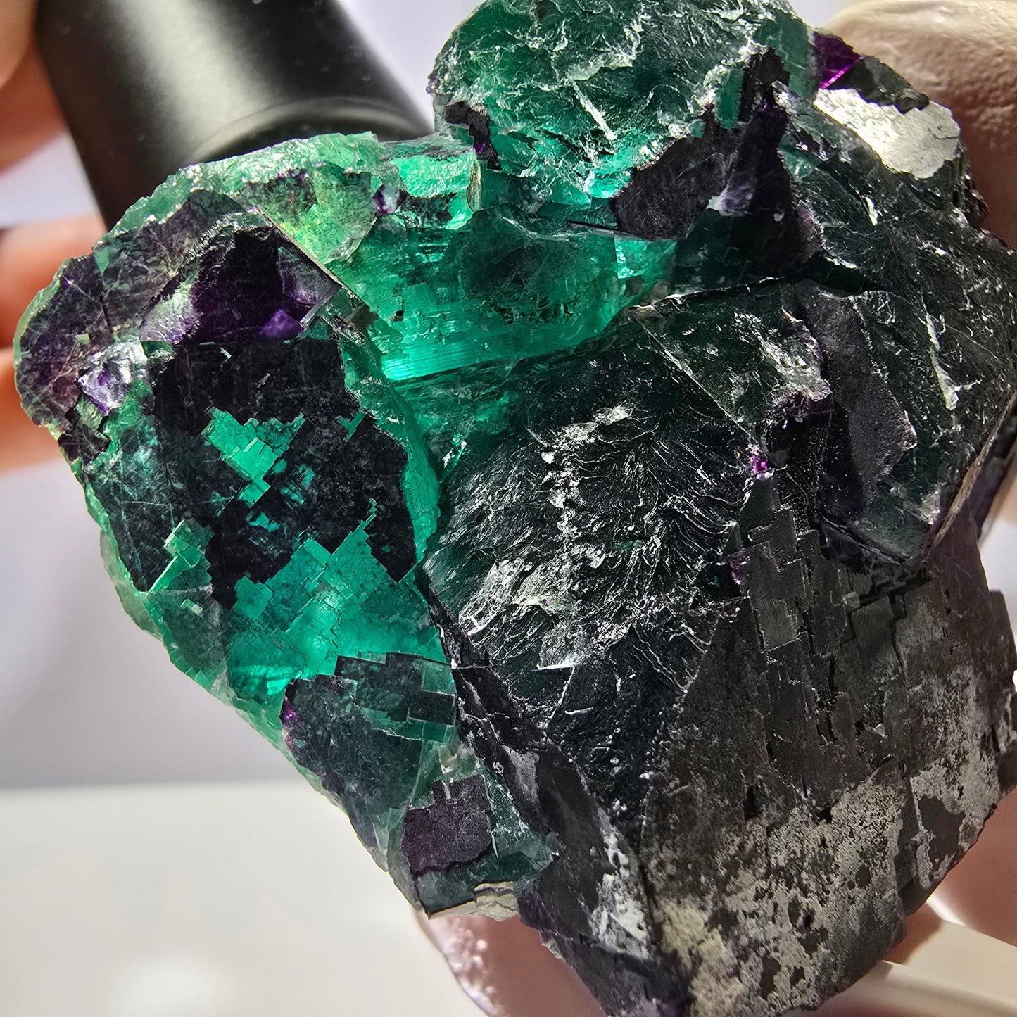 Spécimen de cube de fluorite fantôme vert violet zonal 11:11 Angel Pocket, Namibie 69*53*40mm 