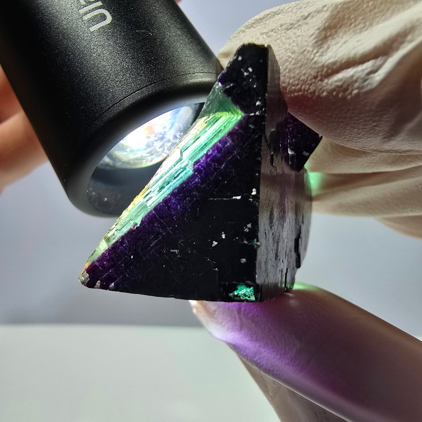 Spécimen de cube de fluorite fantôme vert violet zonal 11:11 Angel Pocket, Namibie 41*33*18mm 