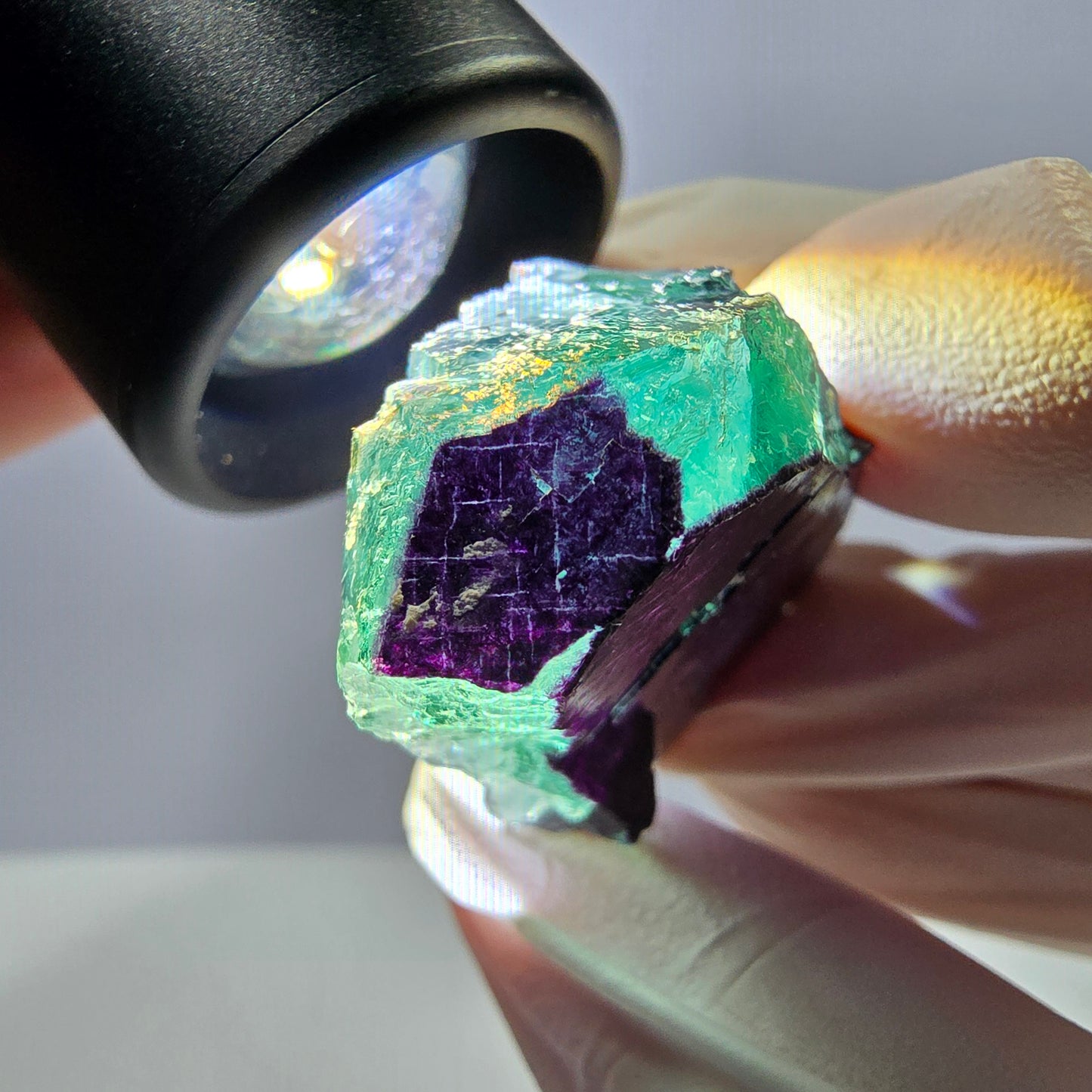 Spécimen de cube de fluorite fantôme vert violet zonal 11:11 Angel Pocket, Namibie 41*33*18mm 