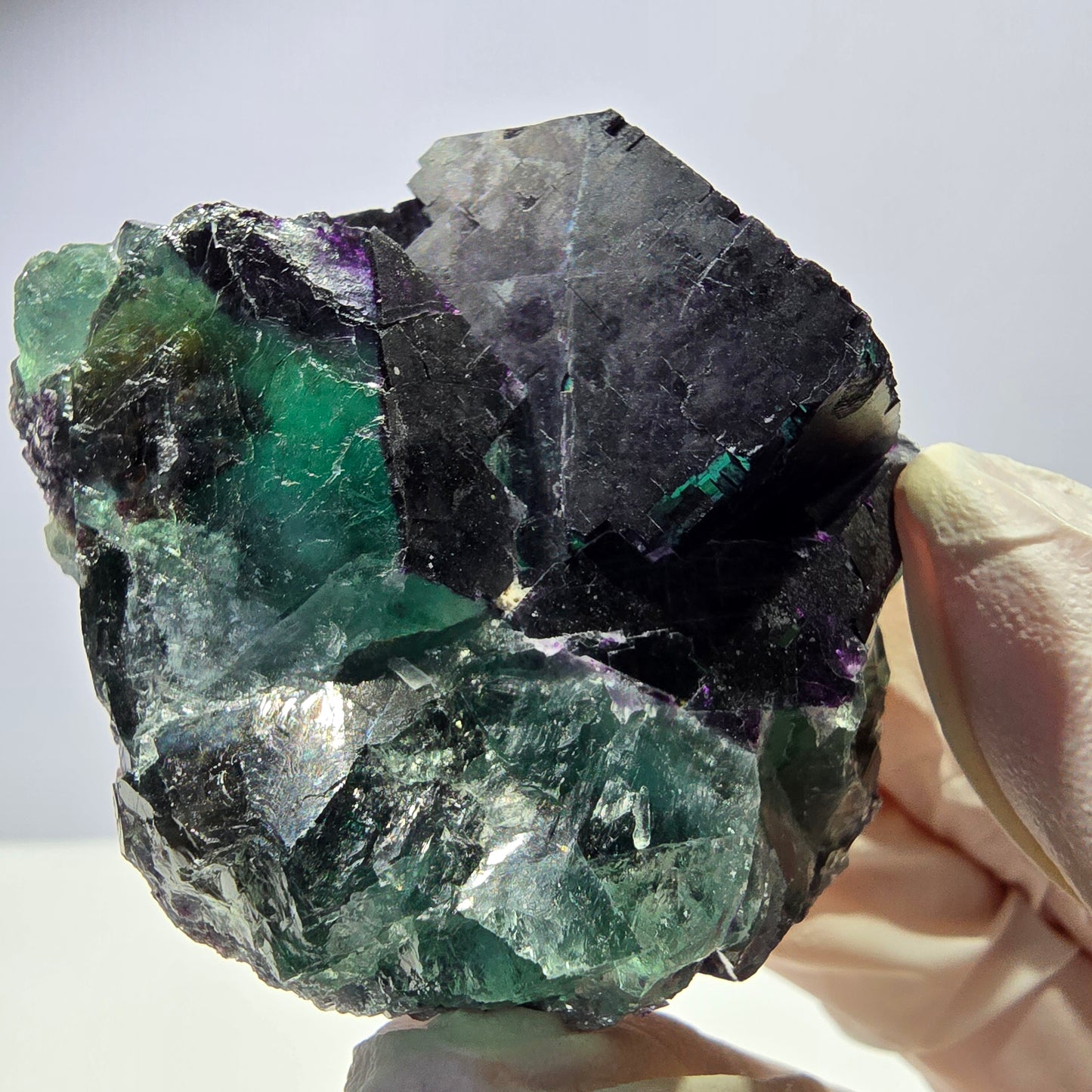 Spécimen de cube de fluorite fantôme vert violet zonal 11:11 Angel Pocket, Namibie 57*48*28mm 