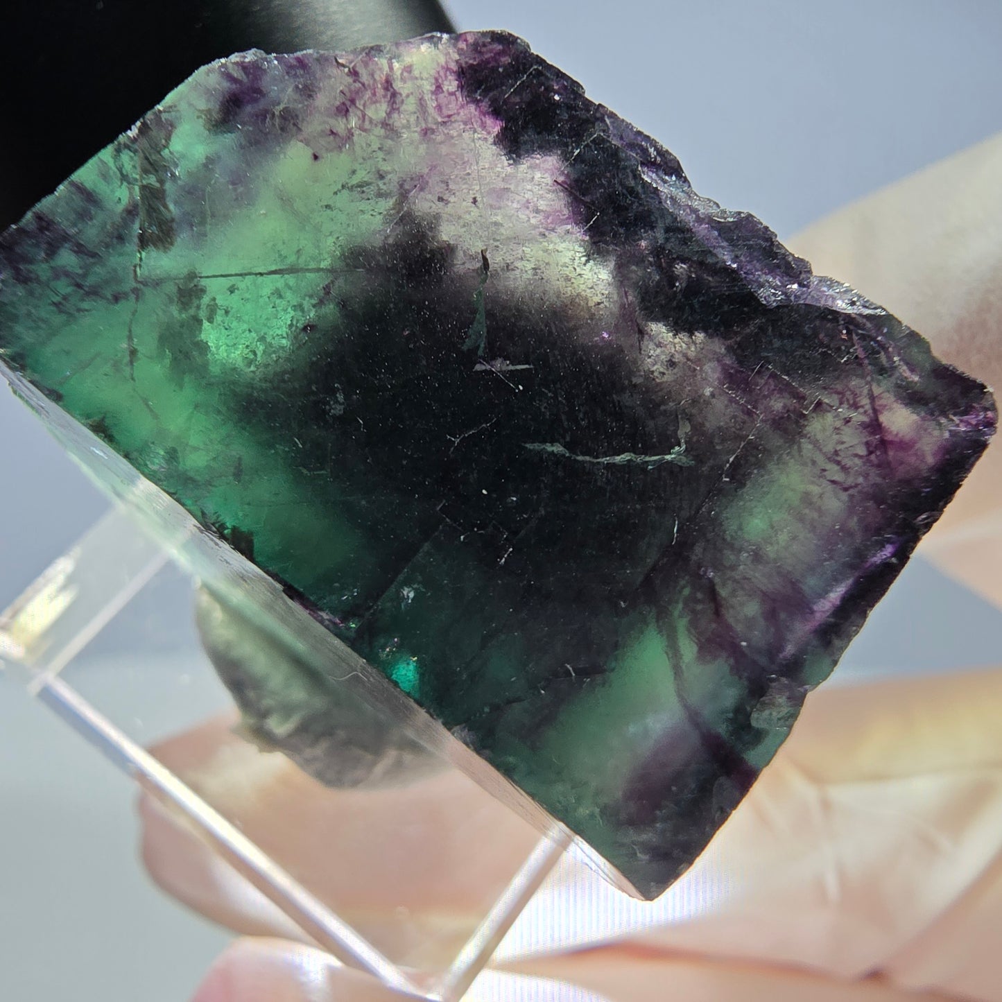 Rare cube de fluorite fantôme parqueté vert violet Okorusu Namibie 27*24*20mm 
