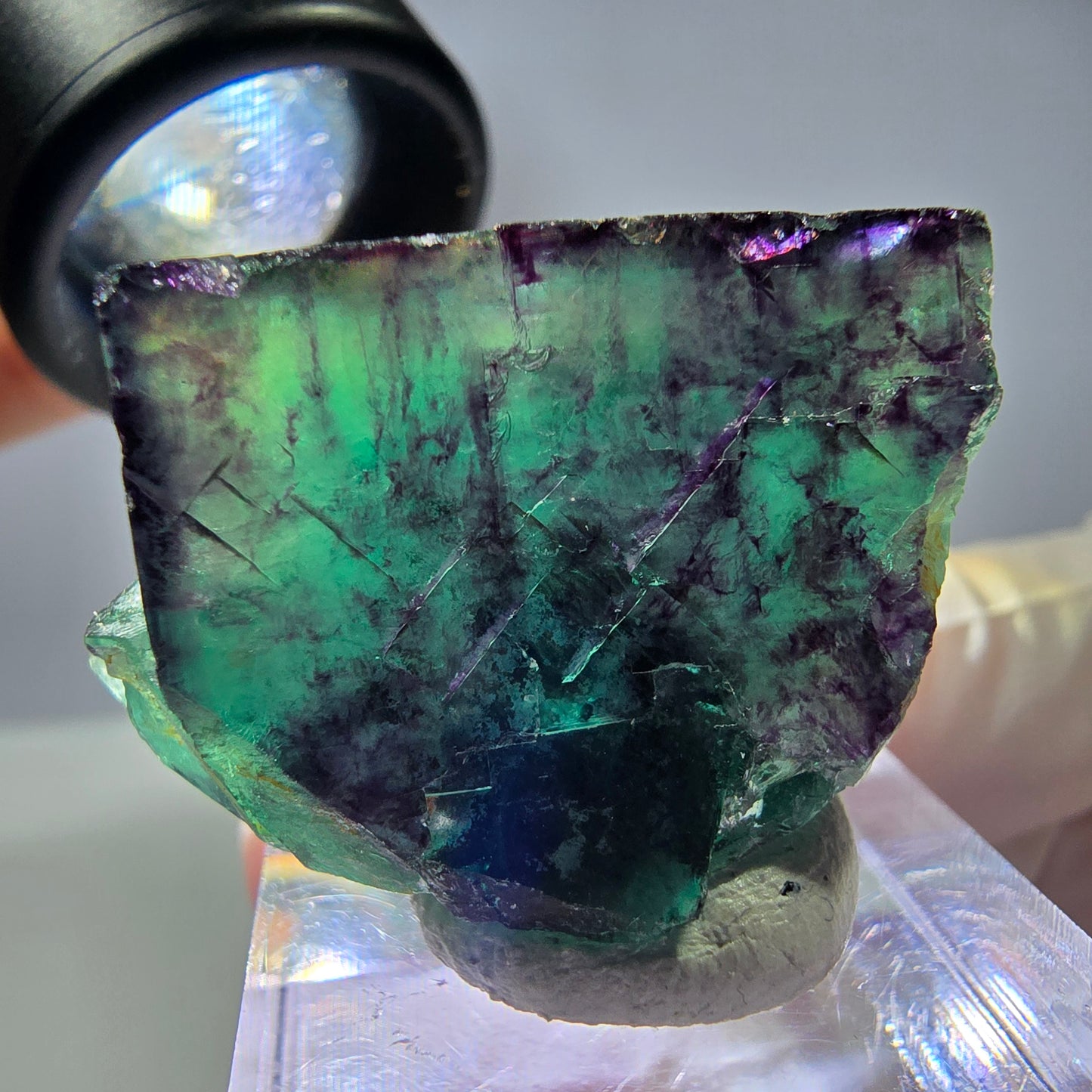 Rare cube de fluorite fantôme parqueté vert violet Okorusu Namibie 32*23*19mm 