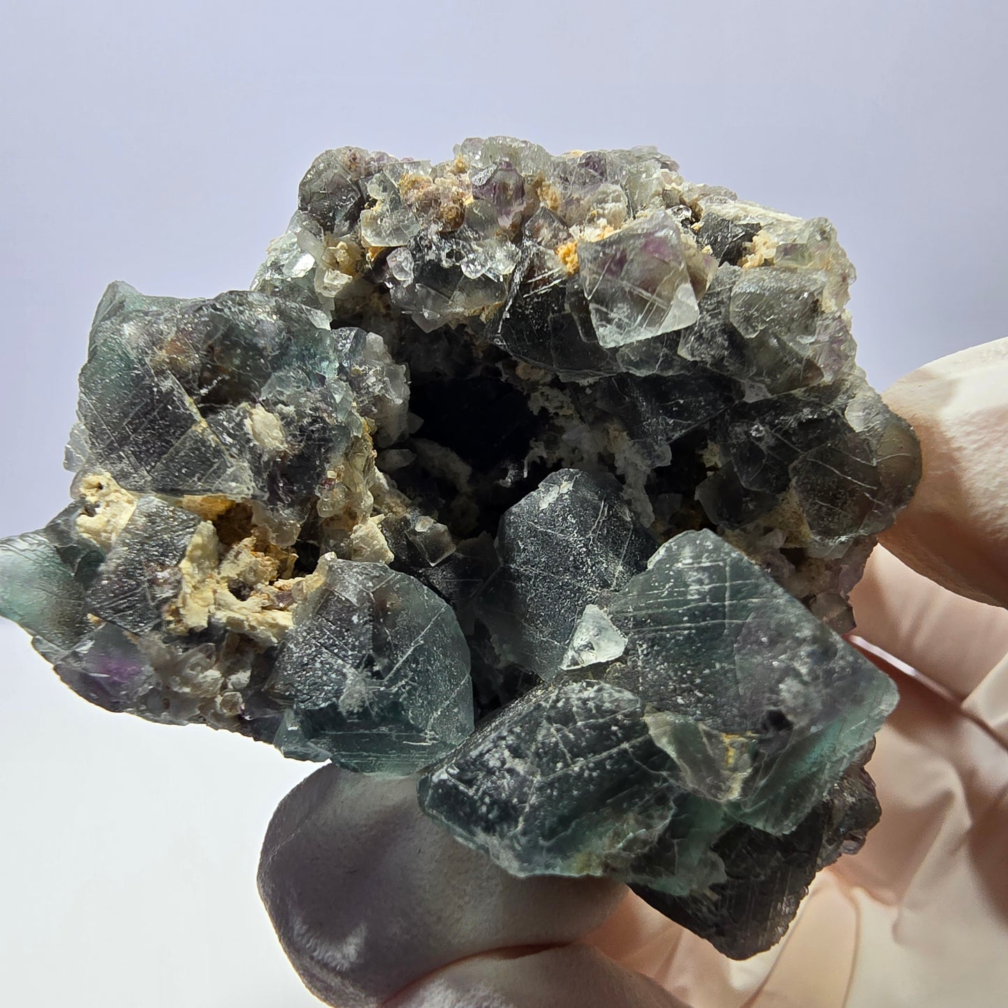 Rare cube de fluorite fantôme, spécimen de quartz vert violet Okorusu Namibie 47*46*37 mm 