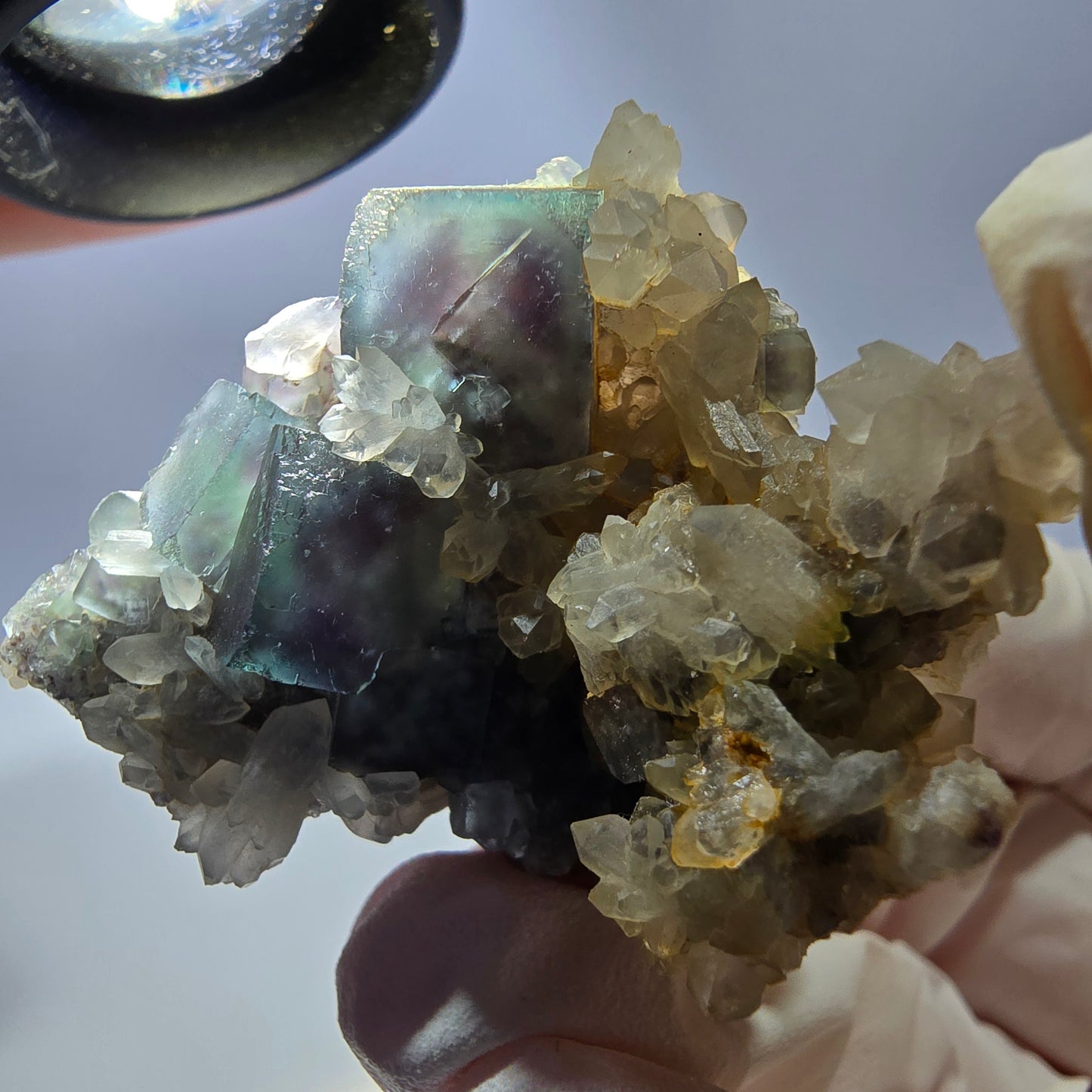 Rare cube de fluorite fantôme, spécimen de quartz vert violet Okorusu Namibie 46 x 33 x 30 mm 