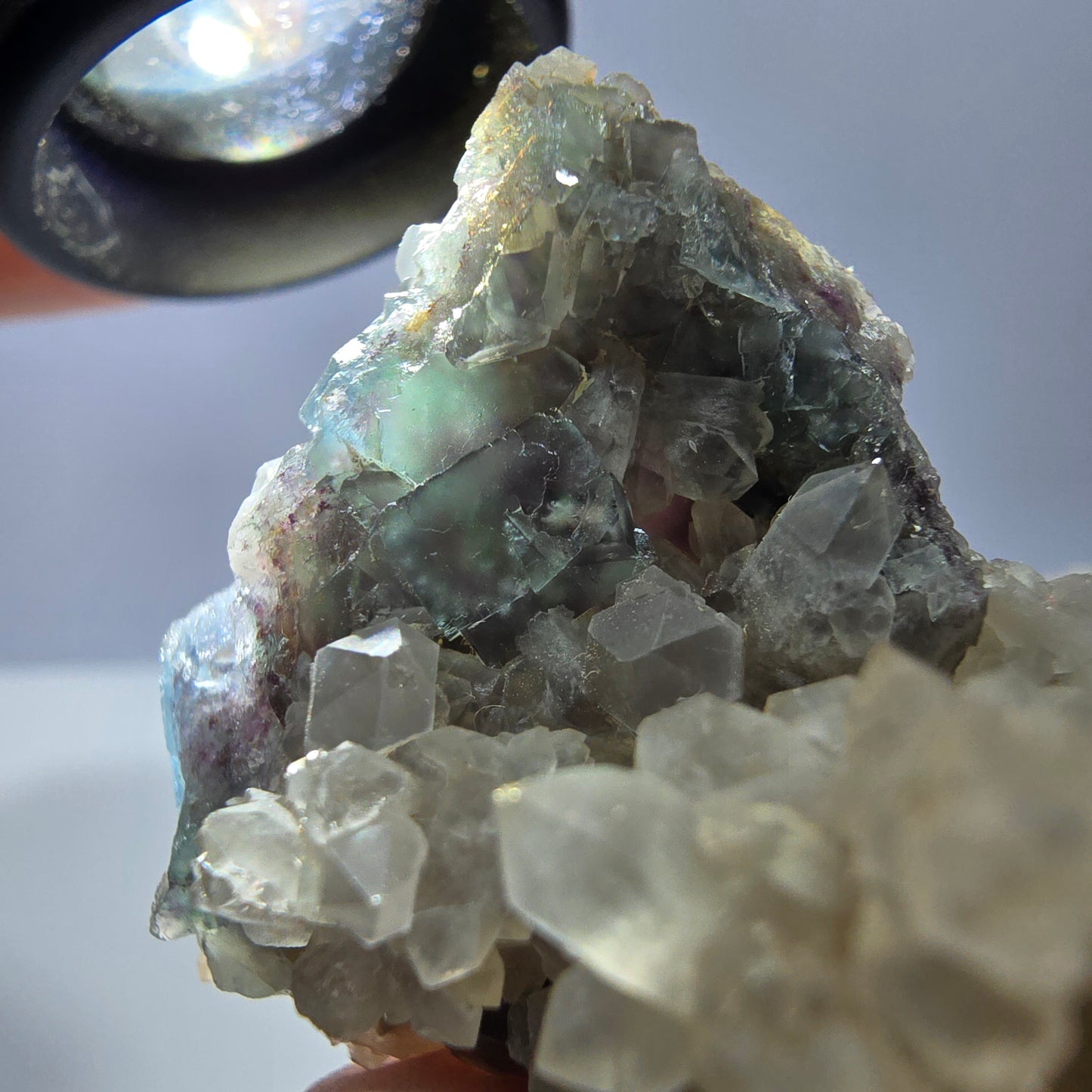 Rare cube de fluorite fantôme, spécimen de quartz vert violet Okorusu Namibie 46 x 33 x 30 mm 