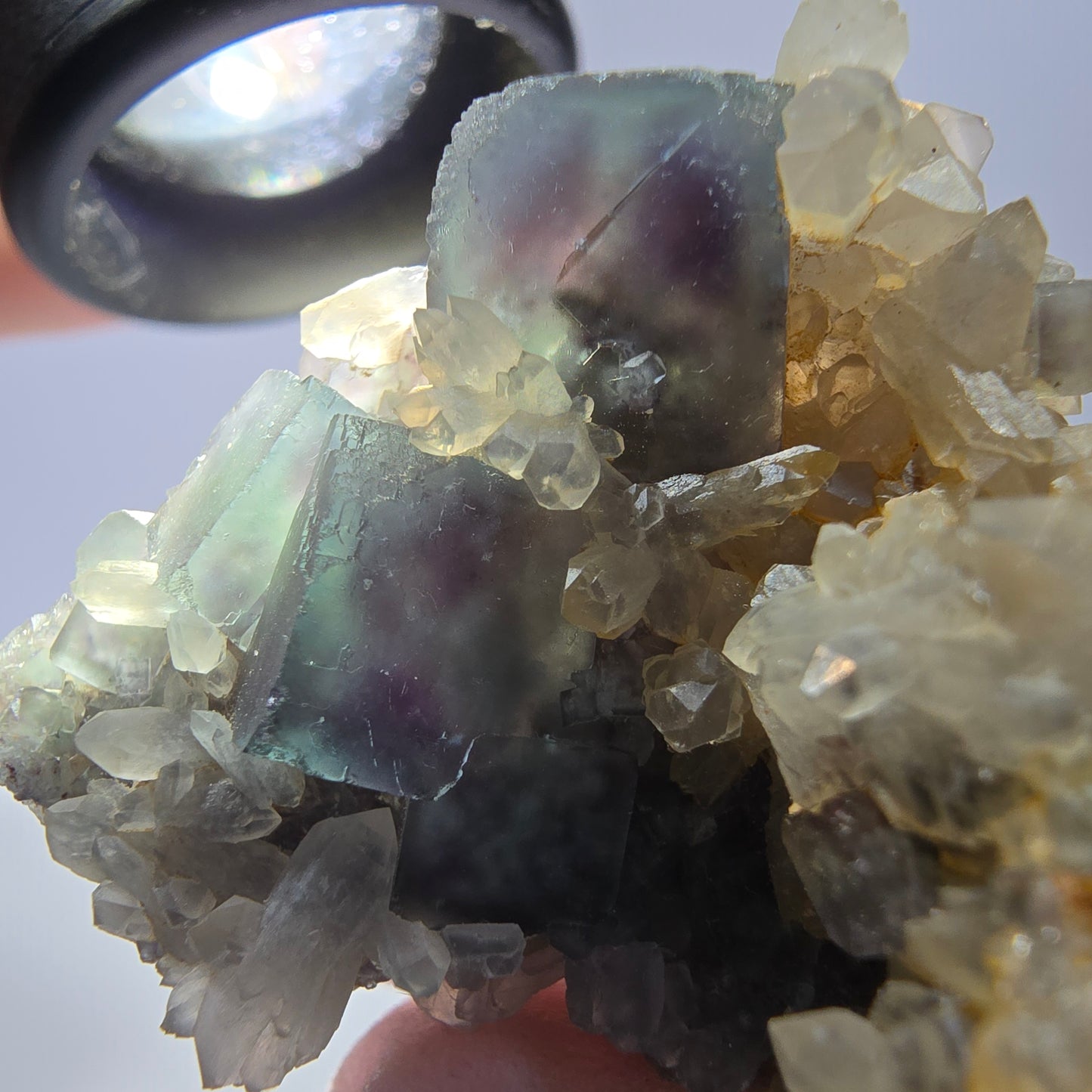 Rare cube de fluorite fantôme, spécimen de quartz vert violet Okorusu Namibie 46 x 33 x 30 mm 