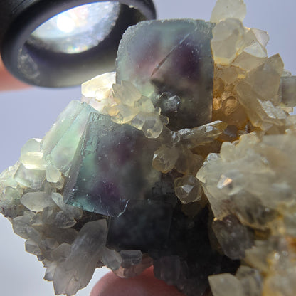 Rare cube de fluorite fantôme, spécimen de quartz vert violet Okorusu Namibie 46 x 33 x 30 mm 