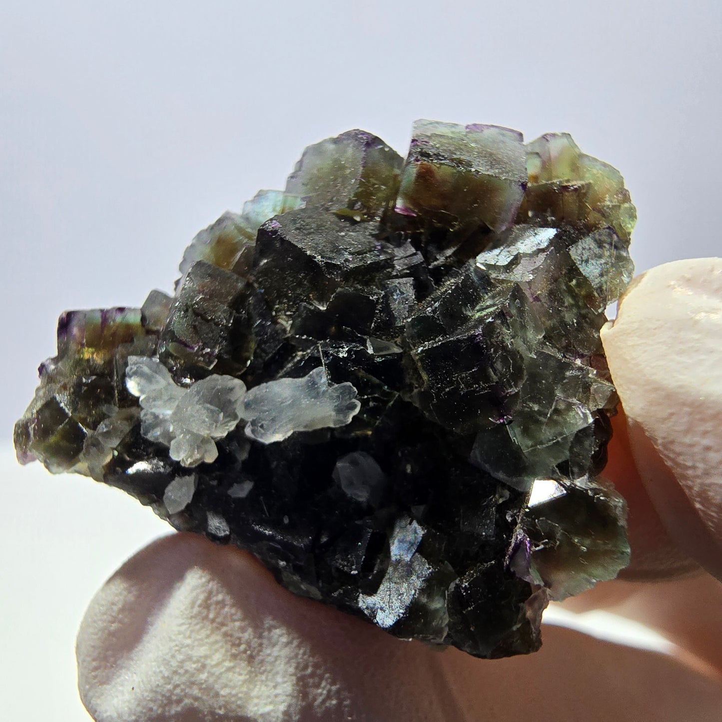 Rare cube de fluorite fantôme, spécimen de quartz vert violet Okorusu Namibie 29 x 26 x 12 mm 