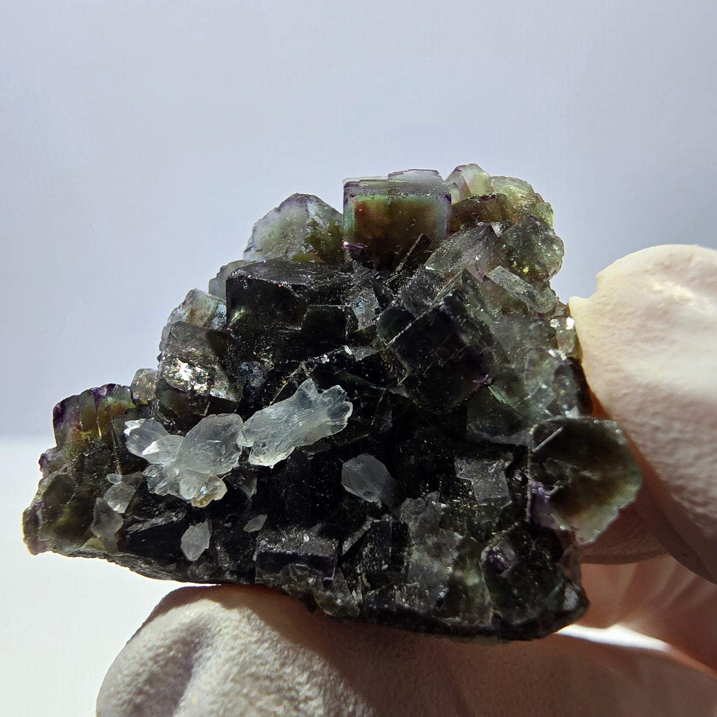 Rare cube de fluorite fantôme, spécimen de quartz vert violet Okorusu Namibie 29 x 26 x 12 mm 
