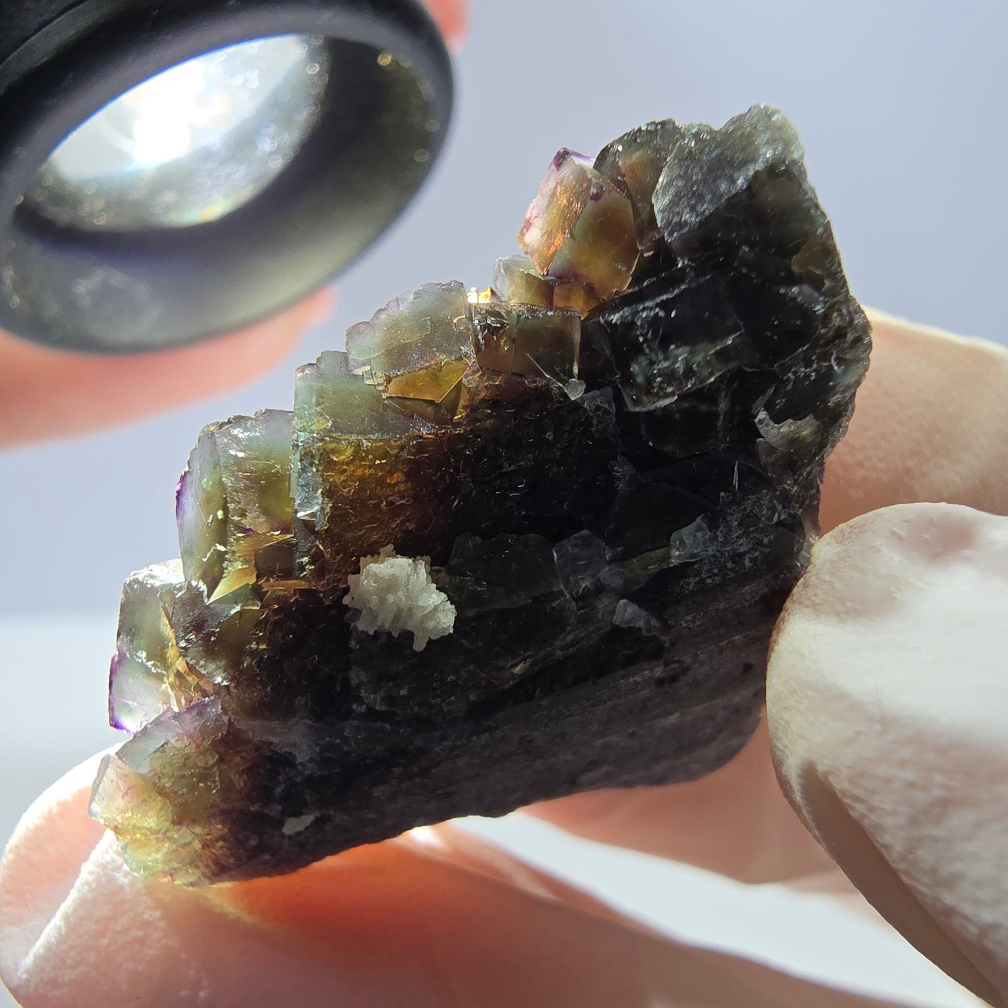Rare cube de fluorite fantôme, spécimen de quartz vert violet Okorusu Namibie 29 x 26 x 12 mm 