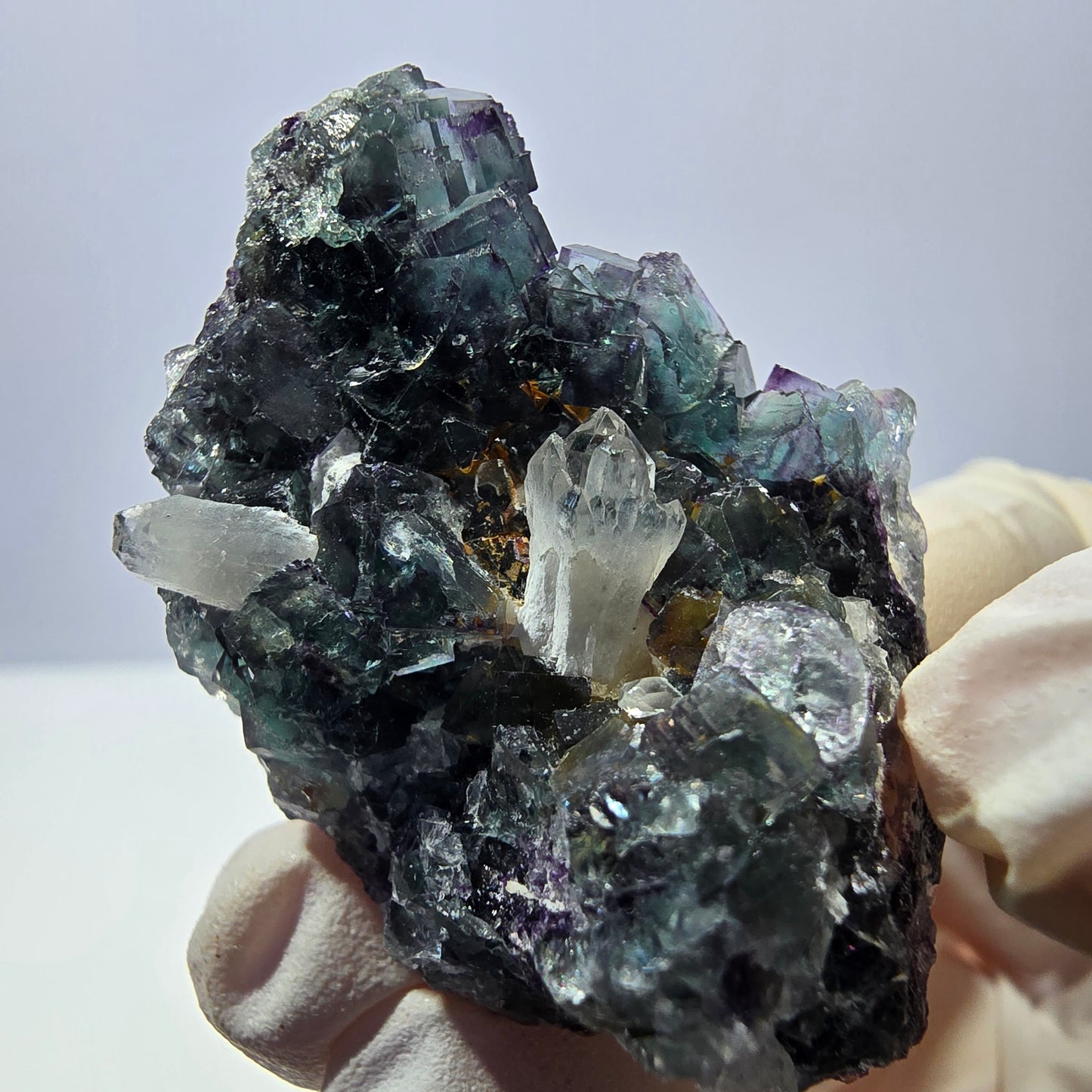 Rare cube de fluorite fantôme, spécimen de quartz vert violet Okorusu Namibie 43*33*26mm 