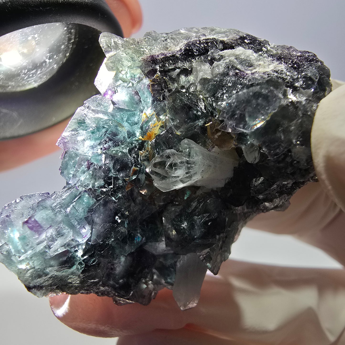 Rare cube de fluorite fantôme, spécimen de quartz vert violet Okorusu Namibie 43*33*26mm 