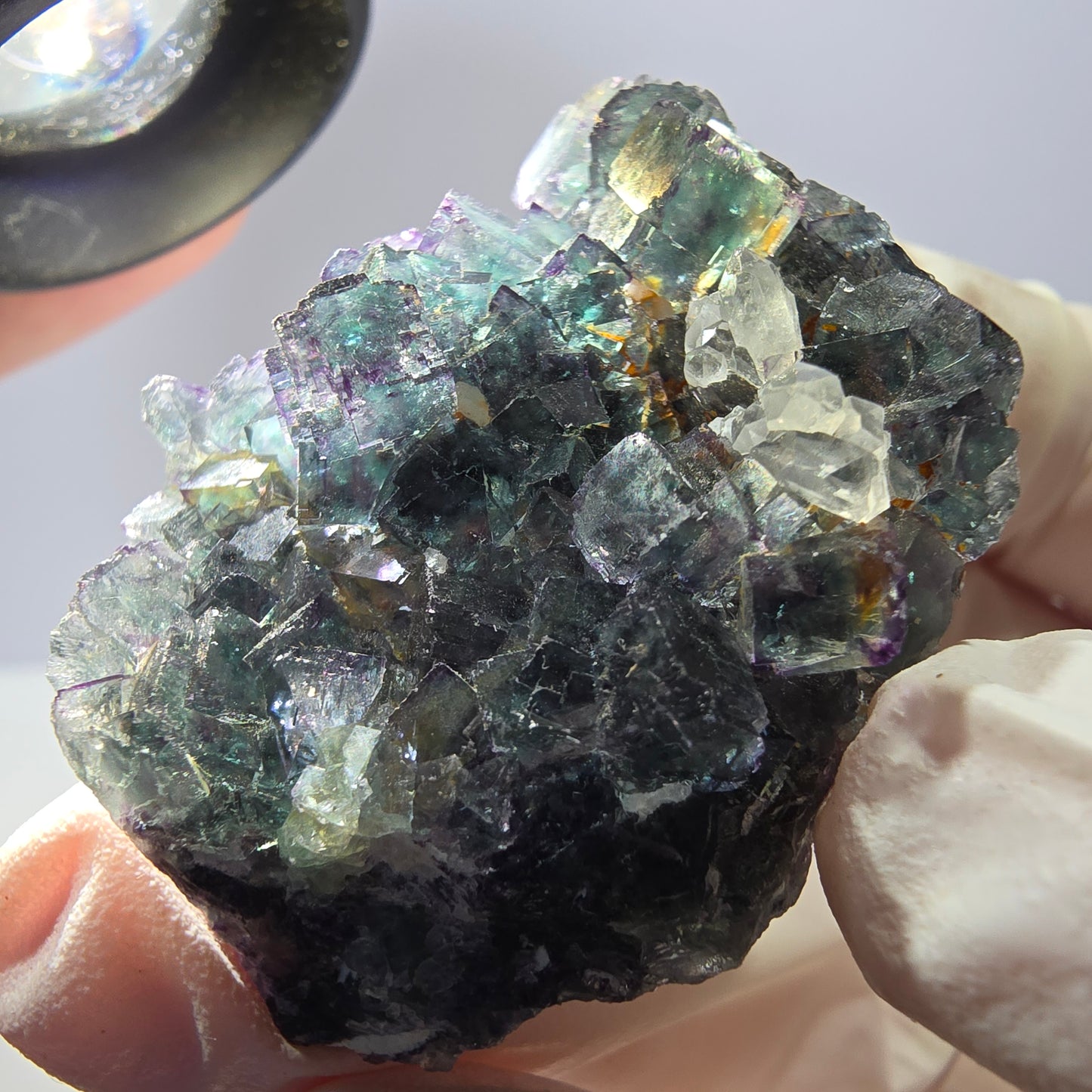 Rare cube de fluorite fantôme, spécimen de quartz vert violet Okorusu Namibie 43*33*26mm 