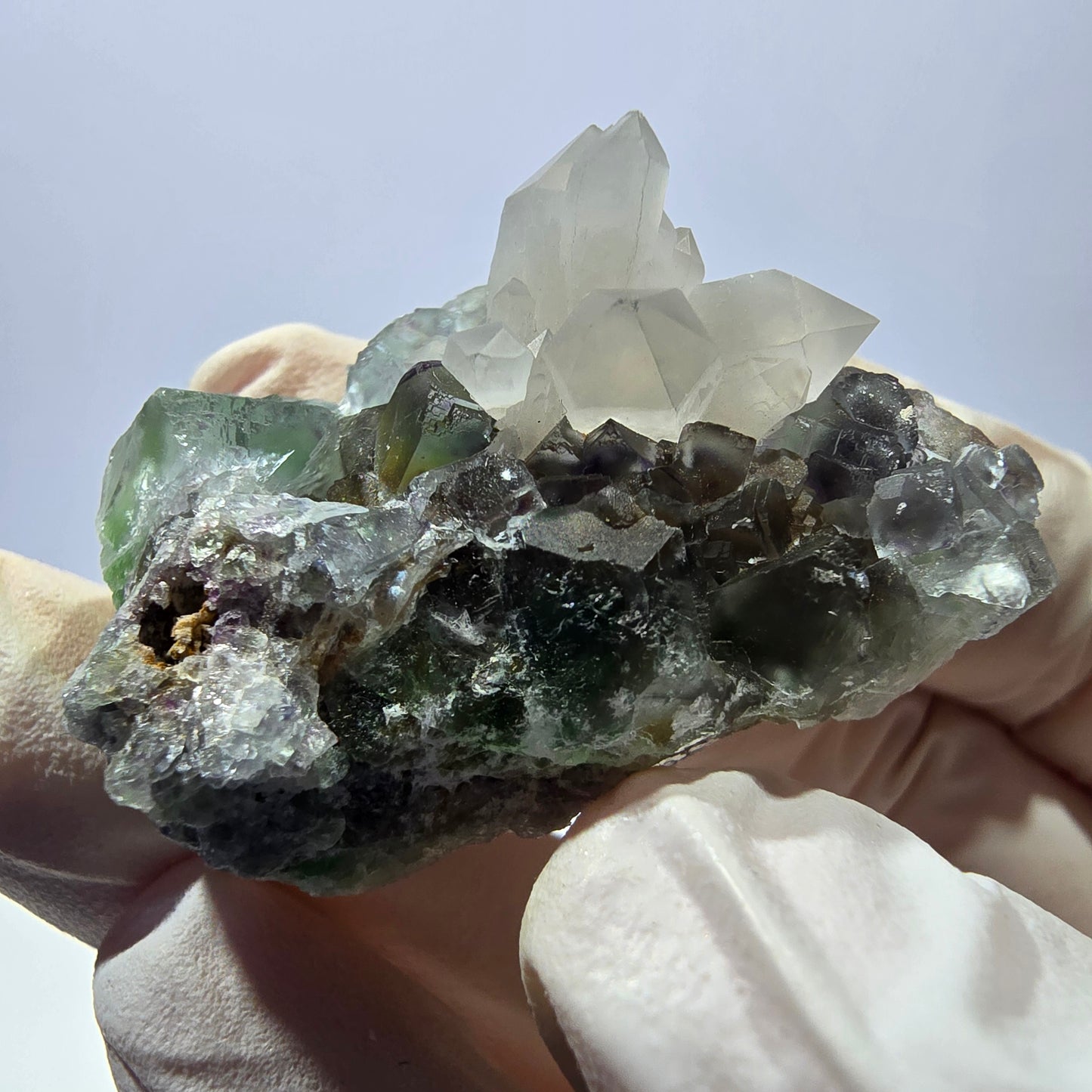 Rare cube de fluorite fantôme, spécimen de quartz vert violet Okorusu Namibie 38 x 27 x 24 mm 