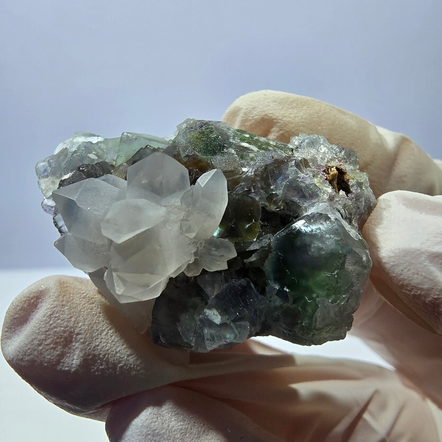 Rare cube de fluorite fantôme, spécimen de quartz vert violet Okorusu Namibie 38 x 27 x 24 mm 