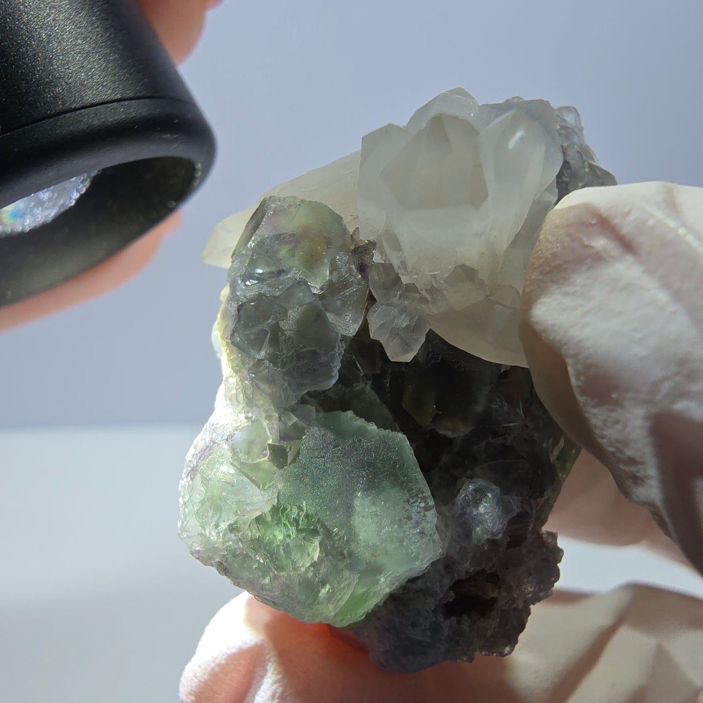 Rare cube de fluorite fantôme, spécimen de quartz vert violet Okorusu Namibie 38 x 27 x 24 mm 