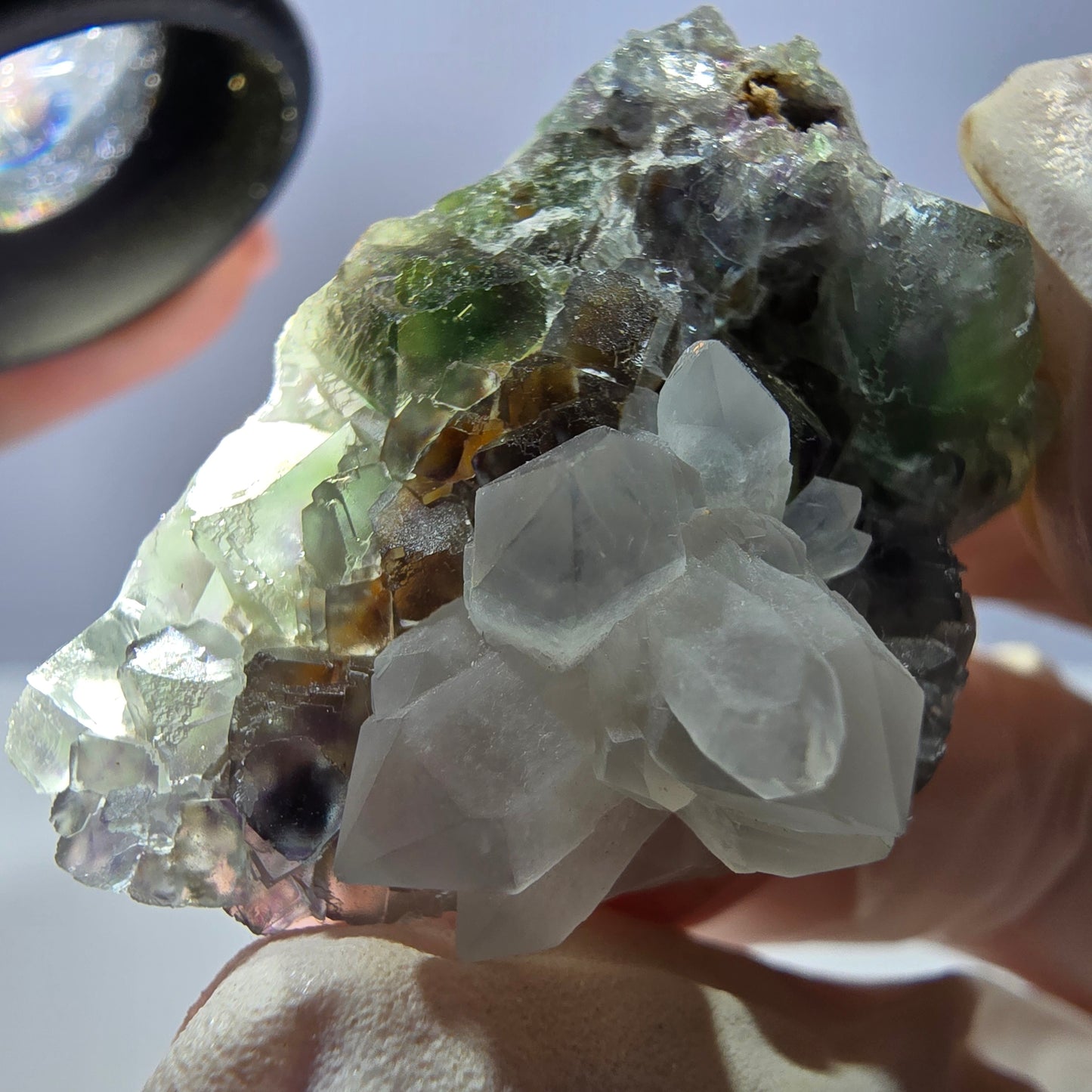 Rare cube de fluorite fantôme, spécimen de quartz vert violet Okorusu Namibie 38 x 27 x 24 mm 