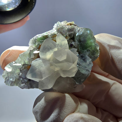 Rare cube de fluorite fantôme, spécimen de quartz vert violet Okorusu Namibie 38 x 27 x 24 mm 