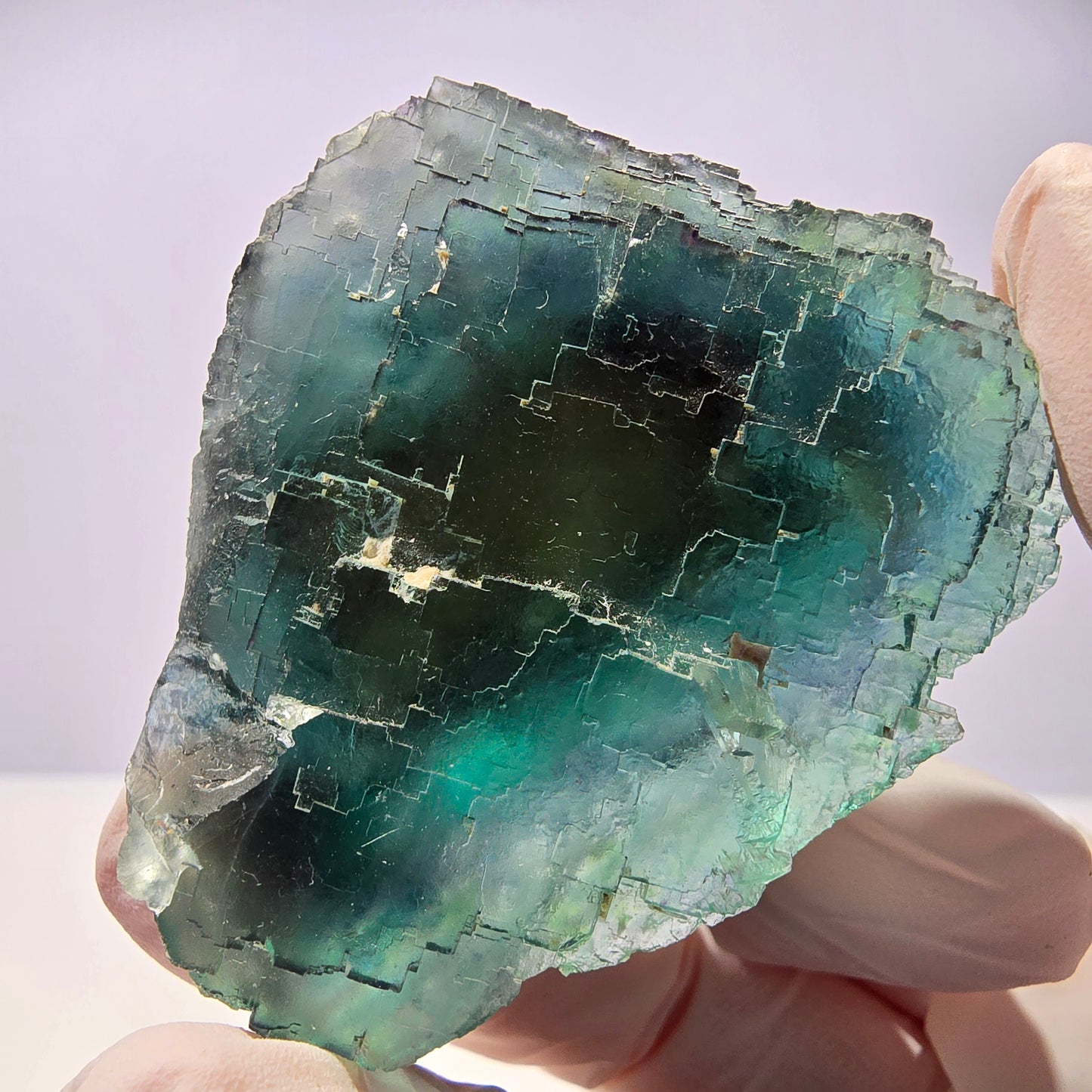 Spécimen de cube de fluorite fantôme transparente, vert parqueté, Okorusu, Namibie, 58 x 46 x 23 mm 