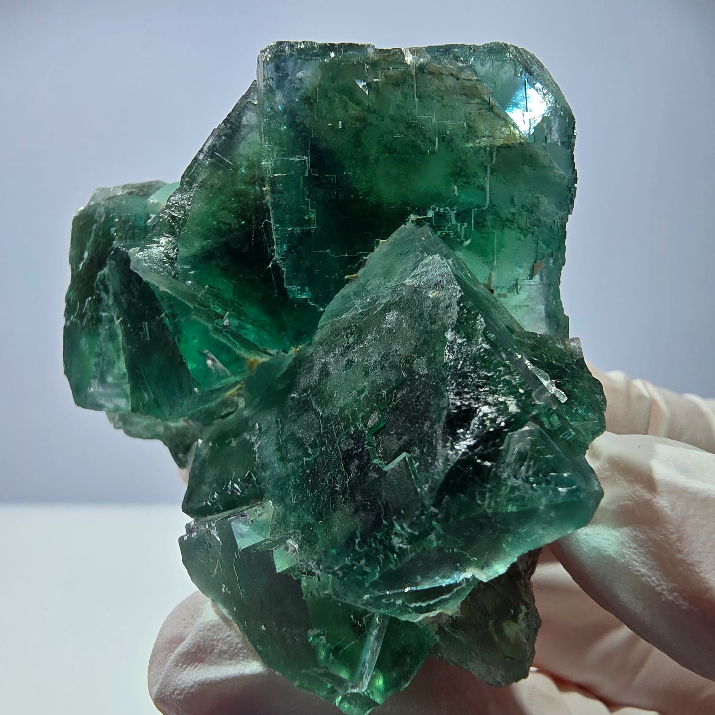 Spécimen de cube de fluorite fantôme transparente, vert parqueté, Okorusu, Namibie, 60 x 51 x 26 mm 