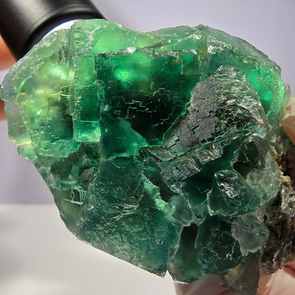 Spécimen de cube de fluorite fantôme transparente, vert parqueté, Okorusu, Namibie, 77 x 54 x 38 mm 