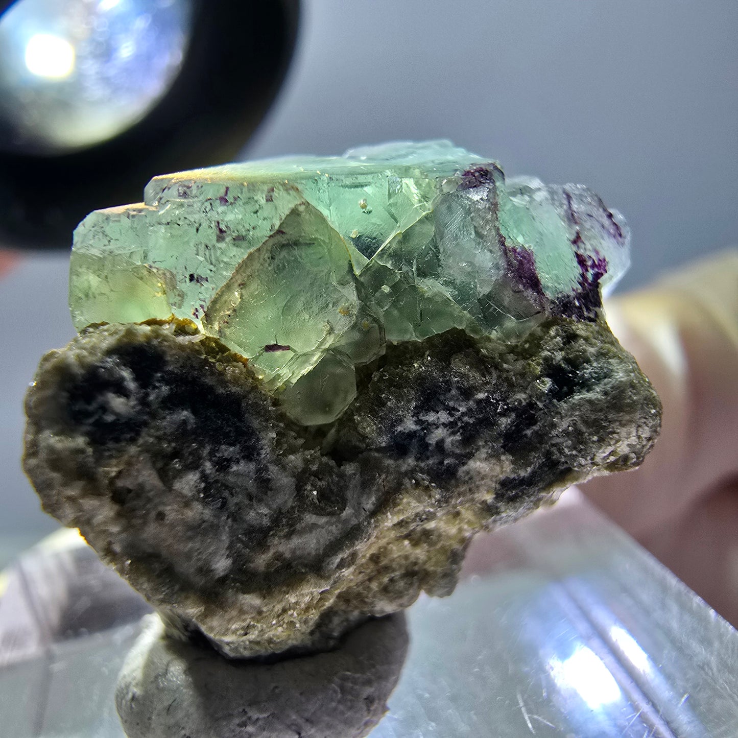 Phantom Fluorit Würfel, Muskovit Stufe grün lila Erongo, Namibia 23*17*16mm