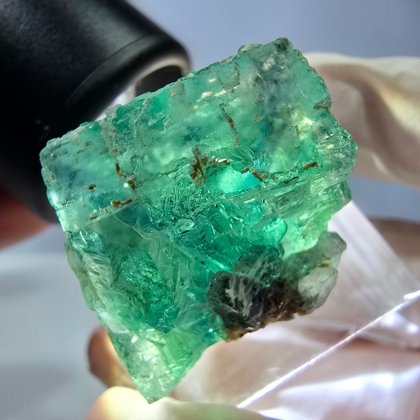 Cube de fluorite fantôme transparente parquetée, vert Okorusu, Namibie 23*23*22mm 