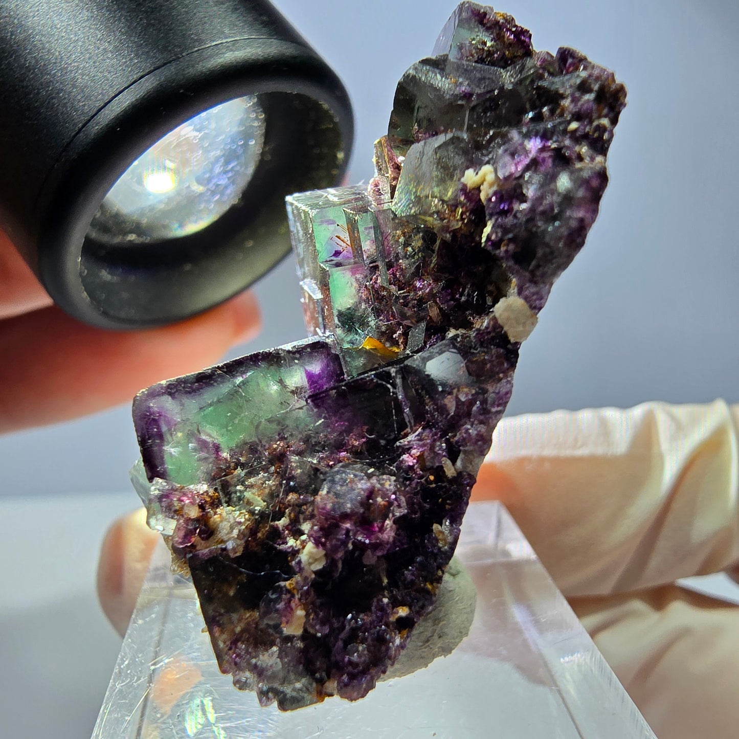 Phantom Fluorit Würfel, Quarz Stufe, grün lila Okorusu, Namibia 39*29*18mm