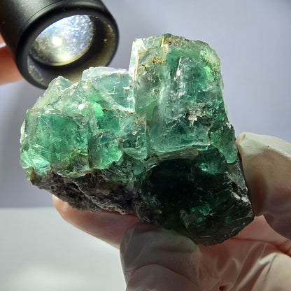 Spécimen de cube de fluorite fantôme transparente, vert parqueté, Okorusu, Namibie, 50 x 41 x 40 mm 