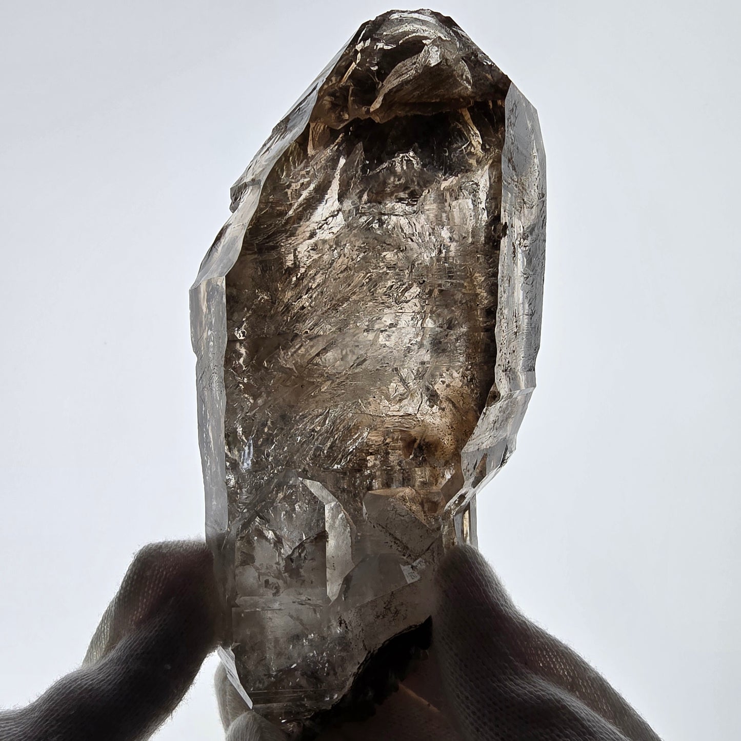Sceptre en quartz fumé squelette Enhydro, calcite UV, 3 bulles, poche Saint-Valentin, Namibie, 149 x 71 x 52 mm 