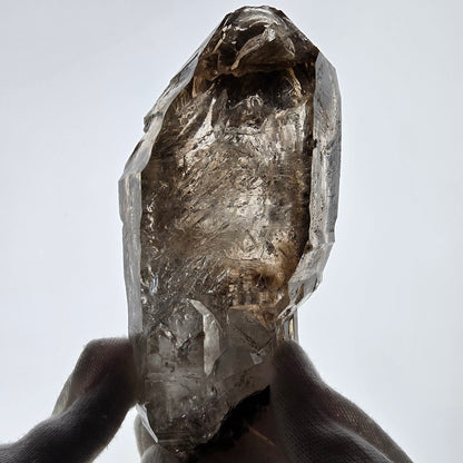 Sceptre en quartz fumé squelette Enhydro, calcite UV, 3 bulles, poche Saint-Valentin, Namibie, 149 x 71 x 52 mm 