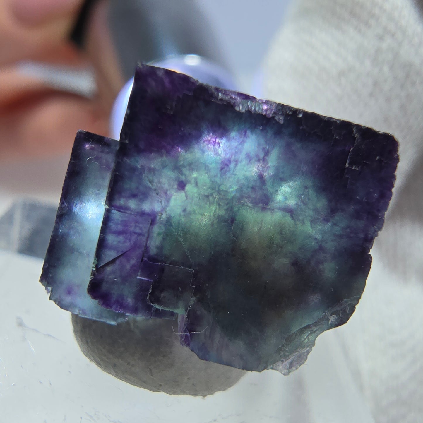Rare spécimen de cube de fluorite fantôme, vert-violet zonal, Okorusu, Namibie, 19 x 17 x 14 mm 