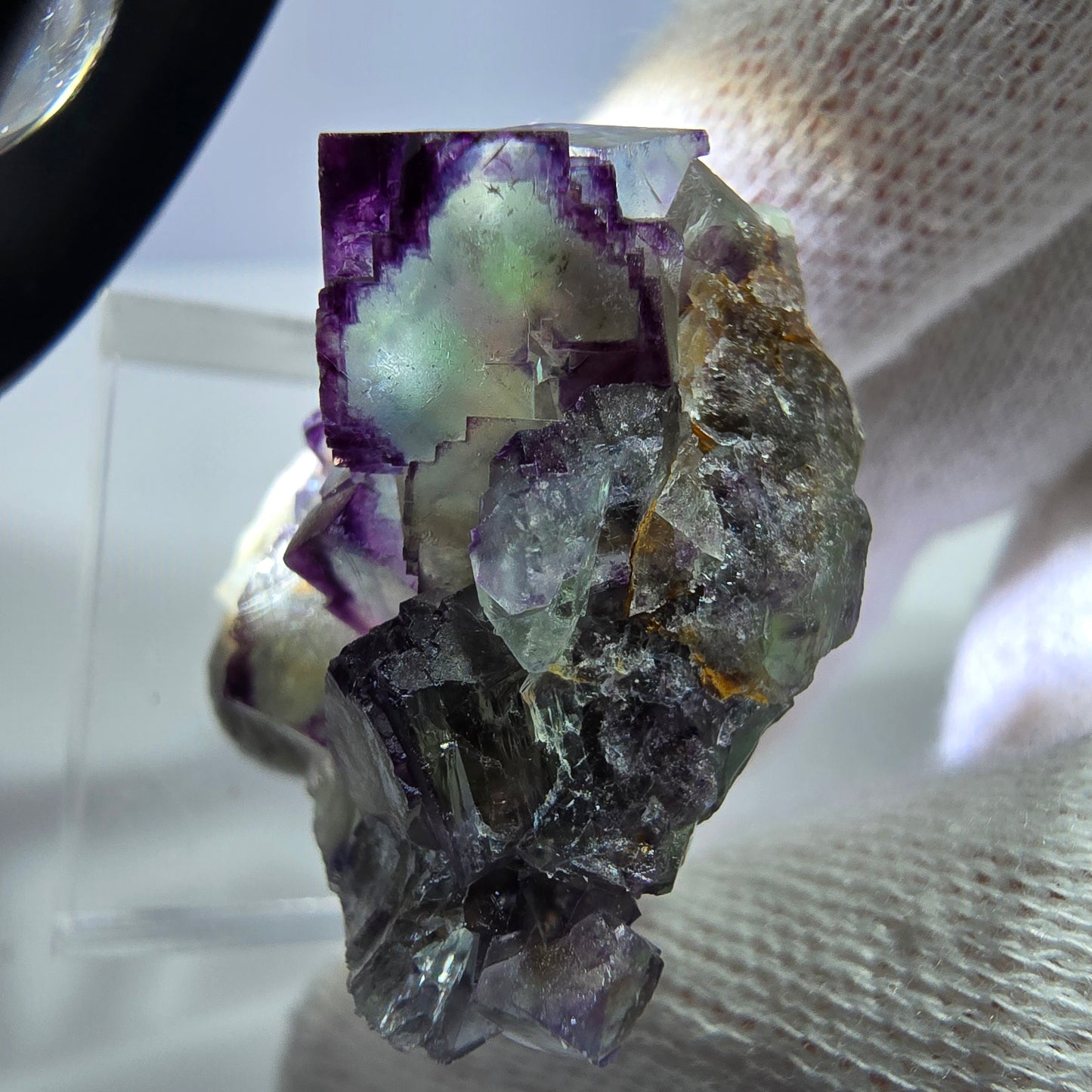 Seltene Phantom Fluorit Würfel Stufe zonal grün lila Okorusu, Namibia 26*26*25mm