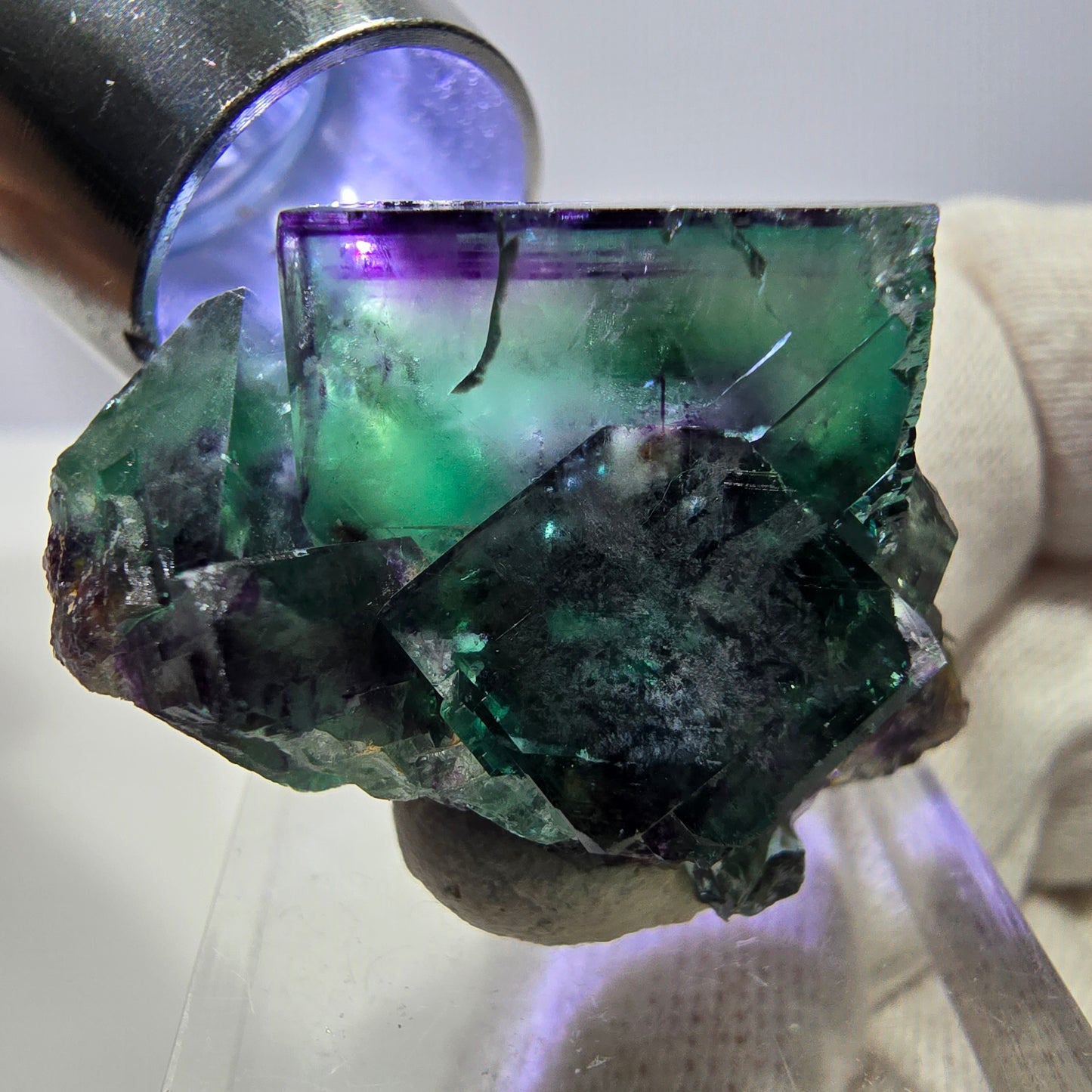 Spécimen zonal de cube de fluorite fantôme, vert violet, Okorusu, Namibie, 36 x 27 x 23 mm 