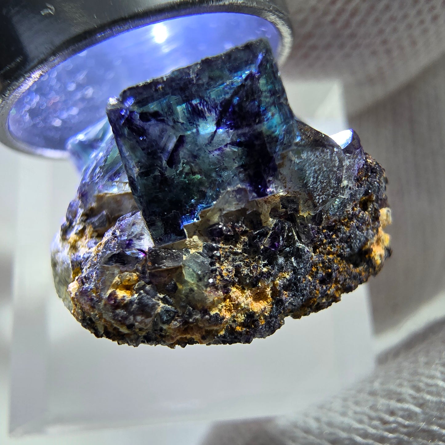 Spécimen rare de cube de fluorite fantôme, vert zonal et violet, Okorusu, Namibie, 23 x 21 x 13 mm 