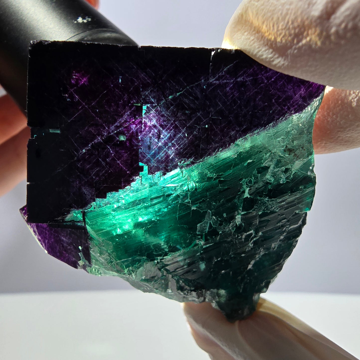 Spécimen de cube de fluorite fantôme vert violet zonal 11:11 Angel Pocket, Namibie 67*53*42mm 