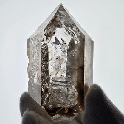 Sceptre DT en quartz fumé squelette Enhydro, poche Valentine en calcite UV, Namibie 71 x 43 x 31 mm 